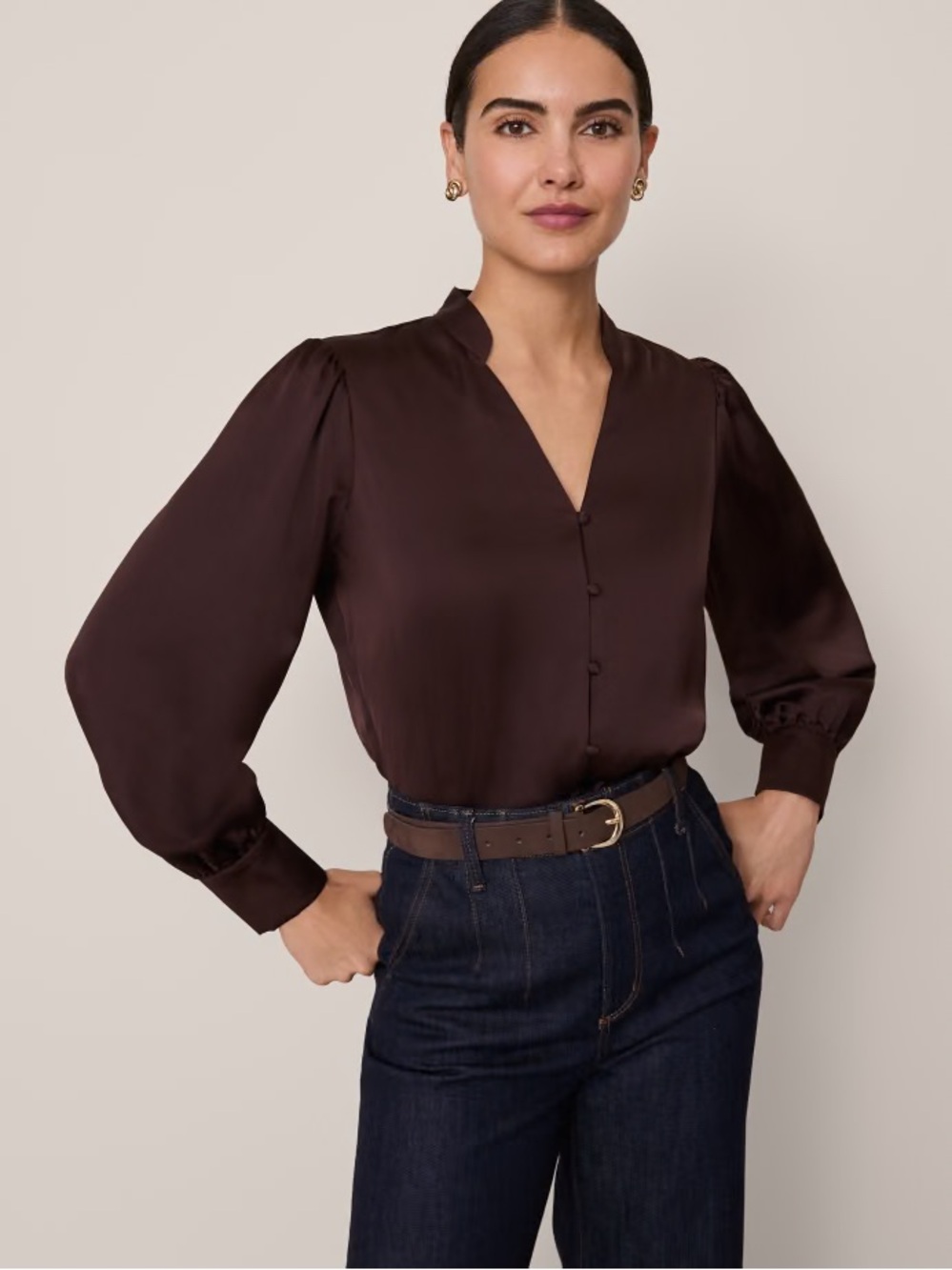 Ann Taylor Chocolate Brown Satin V-Neck Blouse